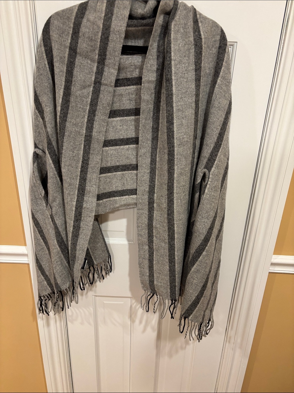 Madewell Gray Striped Fringe Shawl Cape